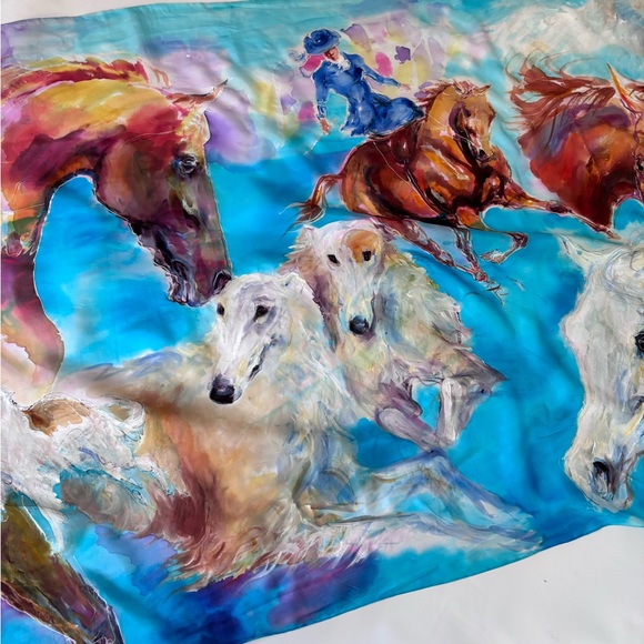 Silk Scarf Hand Made Art To Wear Signed 35 By 69 Inches Horses Dog Victorian - Picture 4 of 14